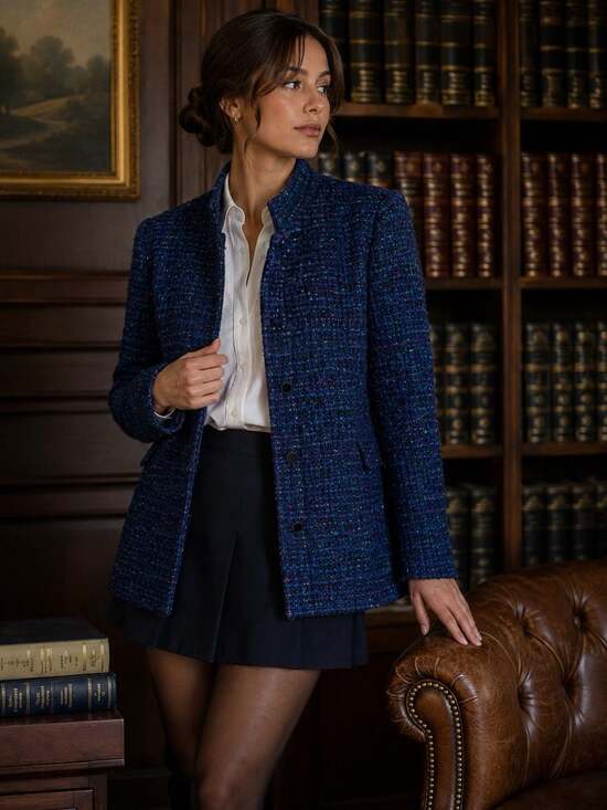 CARLISLE Jackets & Blazers - CARLISLE Blue Multicolor Tweed Wool Blend Mohair Button Jacket Blazer Size 8
